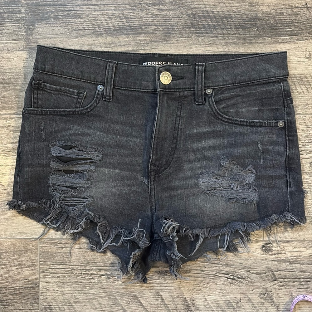 Express - Black/Gray Distressed Jean Shorts - Size 8
